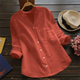 Belle | Women’s Long-Sleeved Button-Down Shirt with V-Neck Band Collar Design