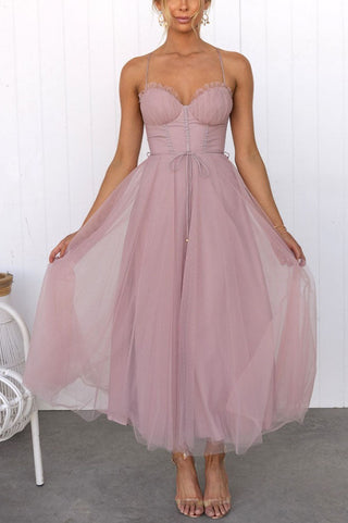 Eulla | Women's Summer Corset Midi Dress with Tulle Skirt and Spaghetti Straps