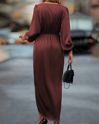 Elara | Women’s Lantern Sleeve Twist Front Satin Midi Dress with Wrap Hem