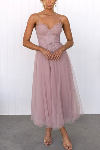 Eulla | Women's Summer Corset Midi Dress with Tulle Skirt and Spaghetti Straps