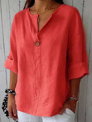 Jacinda | Cotton Linen Blend V-Neck Blouse with 3/4 Roll-Up Sleeves