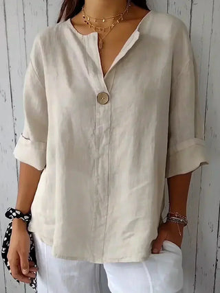 Jacinda | Cotton Linen Blend V-Neck Blouse with 3/4 Roll-Up Sleeves