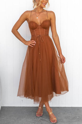 Eulla | Women's Summer Corset Midi Dress with Tulle Skirt and Spaghetti Straps
