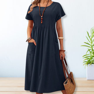 Calista | Women’s Short Sleeve Pleated Casual Midi Dress for Summer Comfort