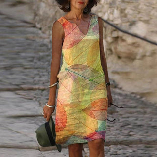 Roxan | Women’s V-neck Mini Dress with Leaf Print and Sleeveless