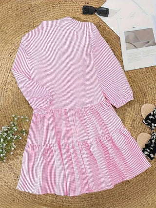 Briony | Women’s Casual Gingham Plaid Shirt Dress with 3/4 Lantern Sleeves and Button-Down Front