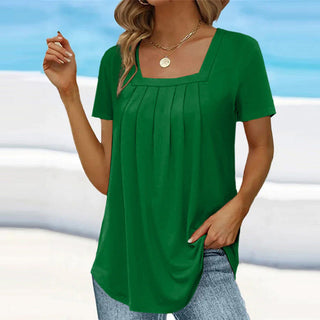 Honoria | Women's Square Neck Pleated T-Shirt with Short Sleeves