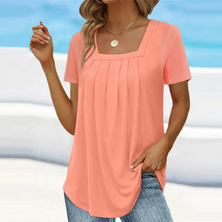 Honoria | Women's Square Neck Pleated T-Shirt with Short Sleeves