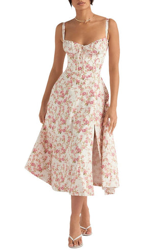 Ulrika | Women's Floral Corset Dress with Lace-Up Back and Thigh-High Side Split