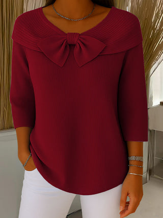 Daphne | Women's V-Neck Knitted Top with Ribbed Collar Overlay