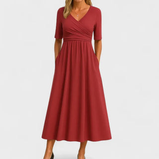 Ylora | Women’s Midi Dress with V-neck Wrap and Short Sleeves