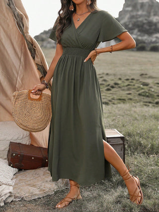 Marceline | Women’s V-Neck Flutter Sleeve Dress with Shirred Smocked Waist and Side Slit