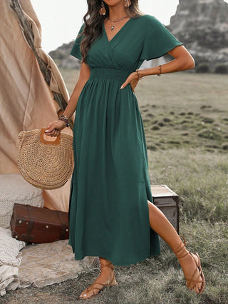 Marceline | Women’s V-Neck Flutter Sleeve Dress with Shirred Smocked Waist and Side Slit