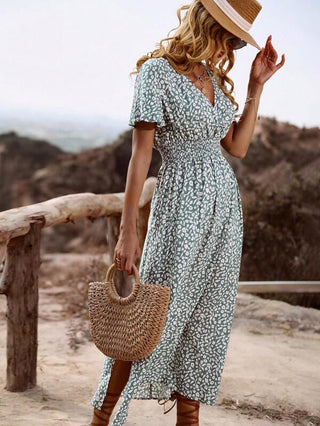 Marceline | Women’s V-Neck Flutter Sleeve Dress with Shirred Smocked Waist and Side Slit