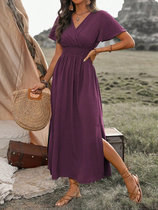 Marceline | Women’s V-Neck Flutter Sleeve Dress with Shirred Smocked Waist and Side Slit