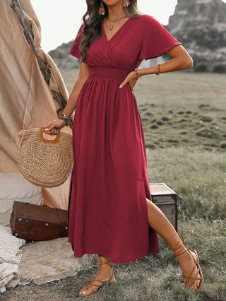 Marceline | Women’s V-Neck Flutter Sleeve Dress with Shirred Smocked Waist and Side Slit