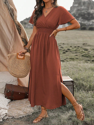 Marceline | Women’s V-Neck Flutter Sleeve Dress with Shirred Smocked Waist and Side Slit