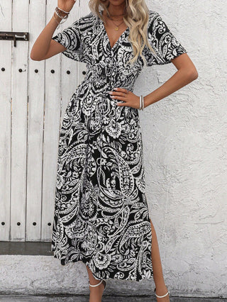 Marceline | Women’s V-Neck Flutter Sleeve Dress with Shirred Smocked Waist and Side Slit