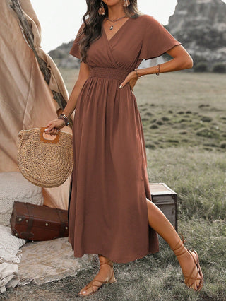 Marceline | Women’s V-Neck Flutter Sleeve Dress with Shirred Smocked Waist and Side Slit