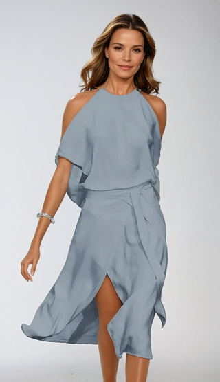 Victoria | Women's Off Shoulder Halter Dress with Belt and Slit
