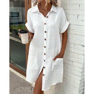 Gabriela | Women’s Folded Short Sleeve Midi Dress with Buttons and Pockets