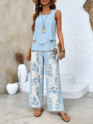 Ameliana | Women’s Sleeveless Square-Neck Two-Piece Set with Leaf Print Wide-Leg Trousers