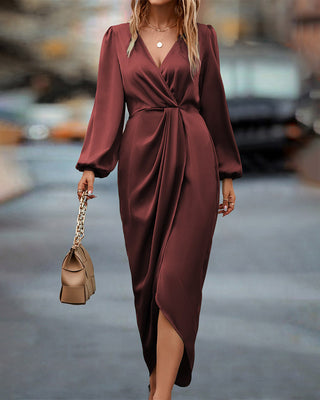 Elara | Women’s Lantern Sleeve Twist Front Satin Midi Dress with Wrap Hem