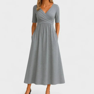 Ylora | Women’s Midi Dress with V-neck Wrap and Short Sleeves