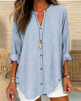 Alicia | Women’s Vertical Striped V-Neck Blouse with Single-Breasted Button-Up Front