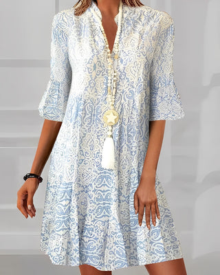Ivy | Women's Blue Boho Print V-Neck Tunic Dress with Bell Sleeves