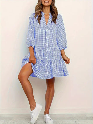 Briony | Women’s Casual Gingham Plaid Shirt Dress with 3/4 Lantern Sleeves and Button-Down Front
