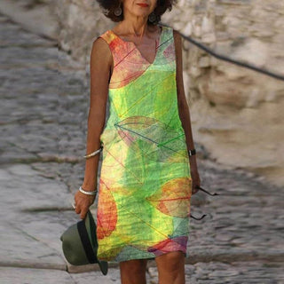 Roxan | Women’s V-neck Mini Dress with Leaf Print and Sleeveless