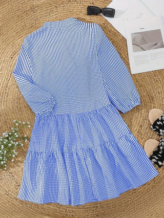 Briony | Women’s Casual Gingham Plaid Shirt Dress with 3/4 Lantern Sleeves and Button-Down Front
