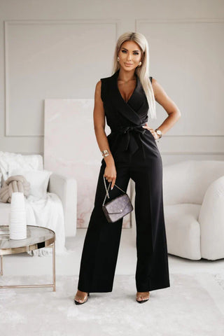 Nina | Women’s Elegant Wrap V-neck Jumpsuit with Sleeveless and Tie Belt