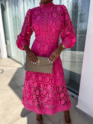 Cara | Women's Lace Midi Dress with High Stand Collar and Hollow-Out Lace Details