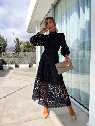 Cara | Women's Lace Midi Dress with High Stand Collar and Hollow-Out Lace Details