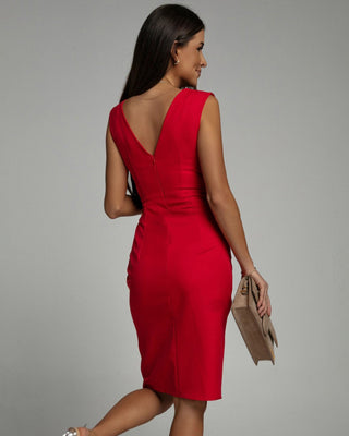 Phoebelyn | Women’s Sleeveless V-neck Midi Dress with Slit and Pleats