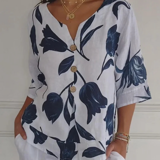 Corine | Women’s Floral Print Boho Linen V-Neck Blouse