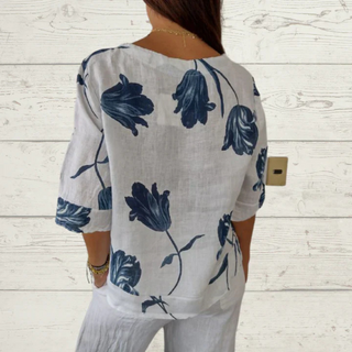 Corine | Women’s Floral Print Boho Linen V-Neck Blouse