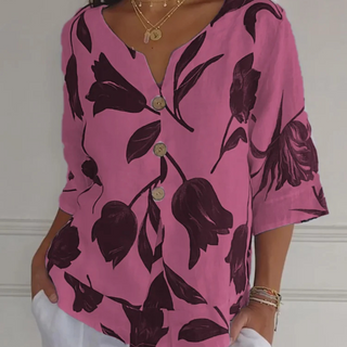 Corine | Women’s Floral Print Boho Linen V-Neck Blouse