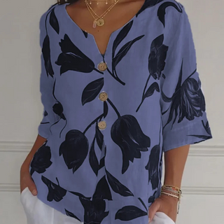 Corine | Women’s Floral Print Boho Linen V-Neck Blouse