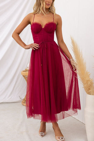 Eulla | Women's Summer Corset Midi Dress with Tulle Skirt and Spaghetti Straps