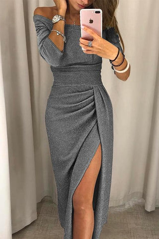 Sandra | Sparkly Off-Shoulder Ruched Bodycon Midi Dress for Women
