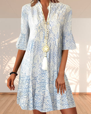 Ivy | Women's Blue Boho Print V-Neck Tunic Dress with Bell Sleeves
