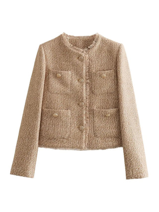 Iris | Women’s Elegant Camel Tweed Cropped Jacket with Pockets