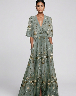Lydia |  Women’s Sheer Floral Maxi Dress with Wrap V-neck Style