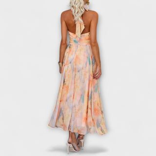 Rosie | Women's Halter Neck Open Back Watercolor Maxi Dress