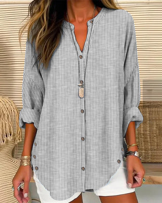 Alicia | Women’s Vertical Striped V-Neck Blouse with Single-Breasted Button-Up Front