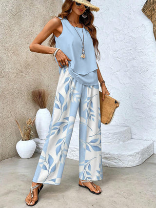 Ameliana | Women’s Sleeveless Square-Neck Two-Piece Set with Leaf Print Wide-Leg Trousers