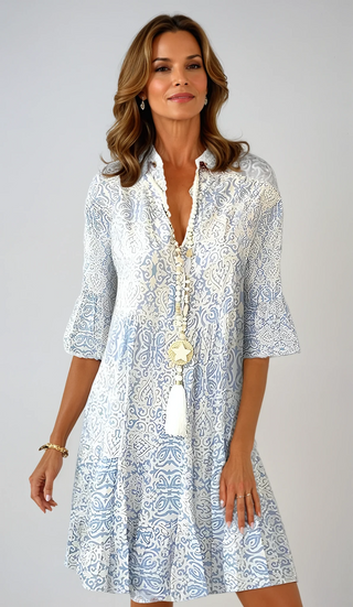 Graciel | Printed Shift Dress for Women with Collar and Three-Quarter Bell Sleeves